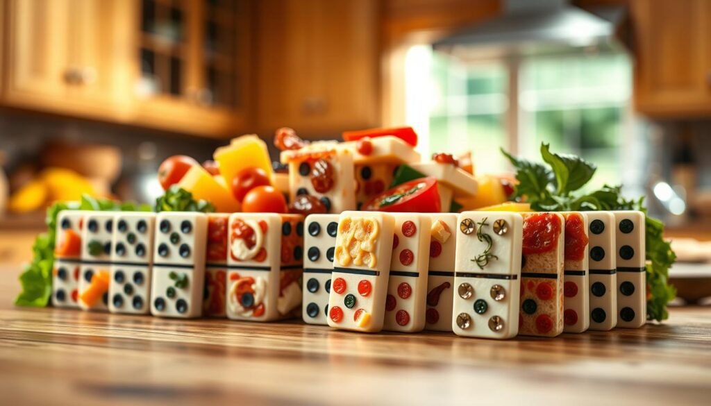 A vibrant arrangement of dominoes designed to represent different pizza ingredients, showcasing a variety of colors and textures. In the foreground, a close-up of dominoes topped with realistic depictions of fresh vegetables, cheese, and pizza sauces, each piece intricately detailed. The middle ground features a cascading effect, where dominoes are arranged in a playful yet structured manner, hinting at a flavor explosion. The background is softly blurred but suggests a warm, inviting kitchen setting with wooden textures and soft natural light illuminating the scene, creating a cozy and energetic atmosphere. Use a slight overhead angle to emphasize the arrangement, with a shallow depth of field to focus on the ingredients next to the dominoes, evoking a sense of culinary artistry and excitement.