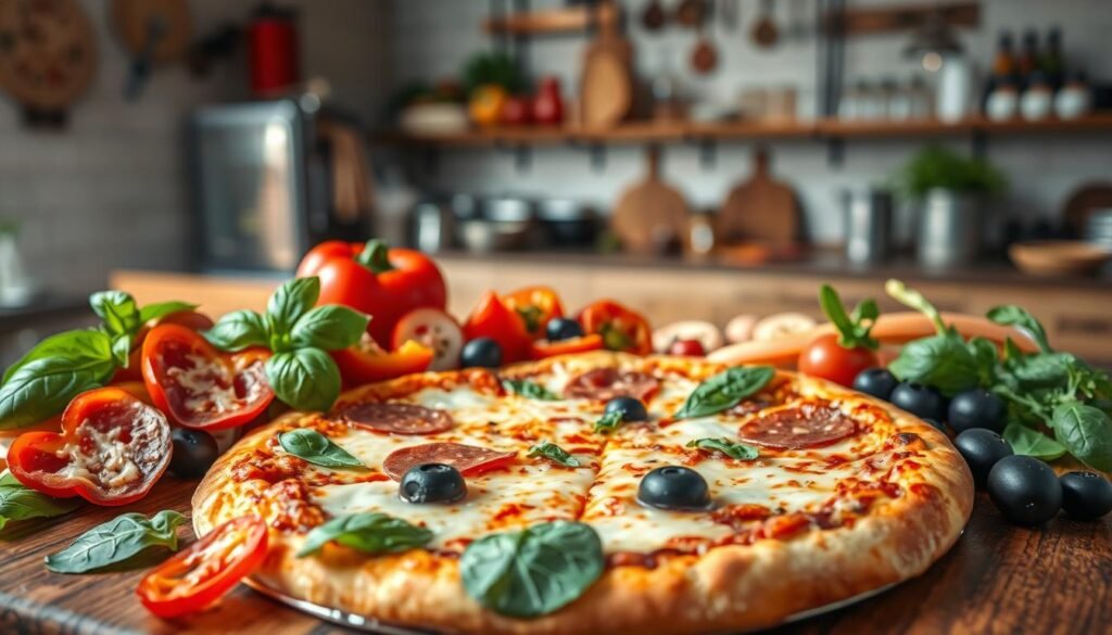 A vibrant composition of popular pizza toppings artfully arranged on a rustic wooden table. In the foreground, a variety of toppings including fresh basil, sliced pepperoni, colorful bell peppers, black olives, and gooey mozzarella cheese are elegantly displayed, each glistening under soft, even lighting. The middle layer shows a freshly baked pizza with a golden-brown crust, steam faintly rising, emphasizing its freshness. In the background, a blurred kitchen setting hints at a bustling pizza restaurant, with soft, warm light illuminating the space, creating an inviting atmosphere. The angle is slightly overhead, capturing the richness of the toppings while focusing on their textures. The mood is cheerful and appetizing, inviting viewers to think about their own pizza preferences.
