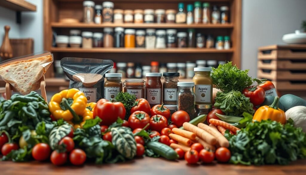 A vibrant display of fresh ingredients on a wooden kitchen table, symbolizing an allergen menu theme. Foreground features an array of colorful vegetables like bell peppers, tomatoes, and leafy greens, alongside gluten-free pizza crusts and dairy substitutes. In the middle, neatly labeled jars containing various spices and sauces illustrate the importance of clear ingredient sourcing. The background softly blurs with a wooden pantry filled with neatly stacked ingredient trays and bottles, enhancing the theme of organization and clarity. Soft, warm lighting casts a welcoming glow over the scene, reminiscent of a friendly kitchen atmosphere, inviting viewers to explore the importance of ingredient updates. The angle captures the entire tableau from a slight overhead perspective, emphasizing the variety and richness of ingredients without any text or distractions.