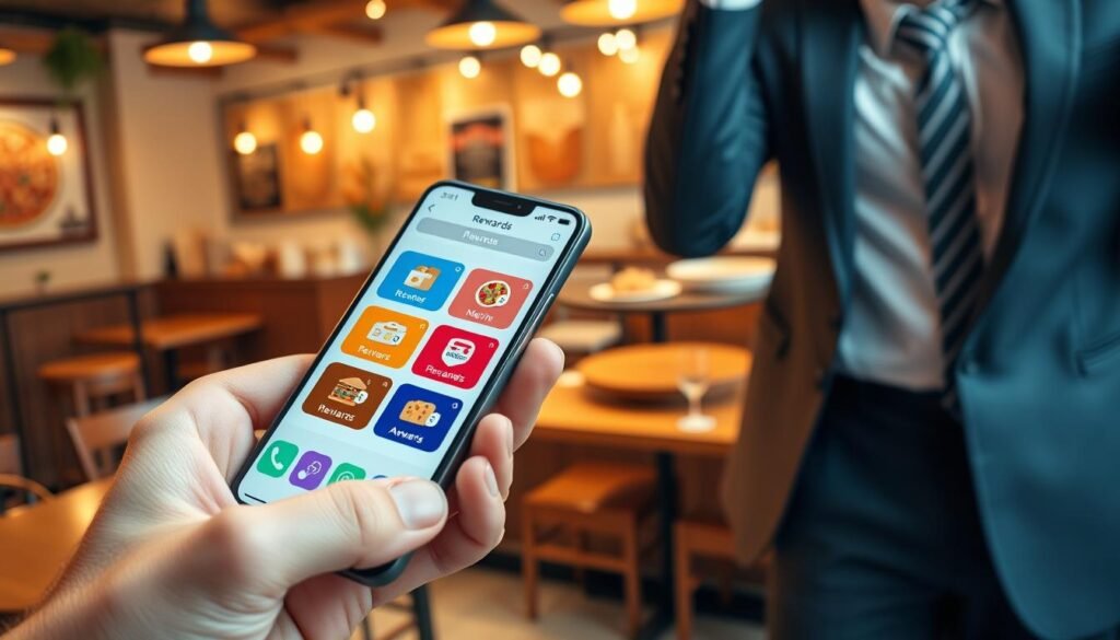 A vibrant mobile interface of a rewards app displayed on a sleek smartphone, featuring colorful icons for various offers and discounts. In the foreground, the phone is held by a person dressed in smart casual attire, showcasing excitement while navigating the app. The middle layer highlights the app screen with a user-friendly layout displaying enticing rewards for pizza and more. In the background, a cozy pizza restaurant ambiance with warm lighting, wooden tables, and a counter filled with delicious pizzas, adding an inviting atmosphere. Soft shadows enhance depth, and a slight tilt of the camera creates dynamism, evoking a sense of energy and opportunity for maximizing savings.