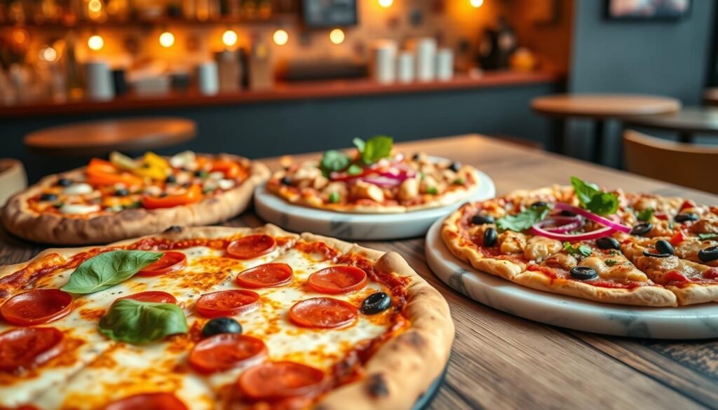 A vibrant, mouth-watering selection of mix and match pizzas displayed on a rustic wooden table, featuring a variety of toppings and crusts. In the foreground, a classic pepperoni pizza with gooey cheese and fresh basil, next to a vegetarian pizza loaded with colorful bell peppers, mushrooms, and olives. In the middle, a barbecue chicken pizza garnished with cilantro and red onions, elegantly presented on a circular marble board. The background showcases an inviting pizzeria ambiance with warm, ambient lighting casting a soft glow, enhancing the appetizing colors of the pizzas. The scene is shot from a slightly elevated angle, creating depth and emphasizing the delicious variety. The overall mood is cheerful and enticing, inviting viewers to explore delicious meal options.