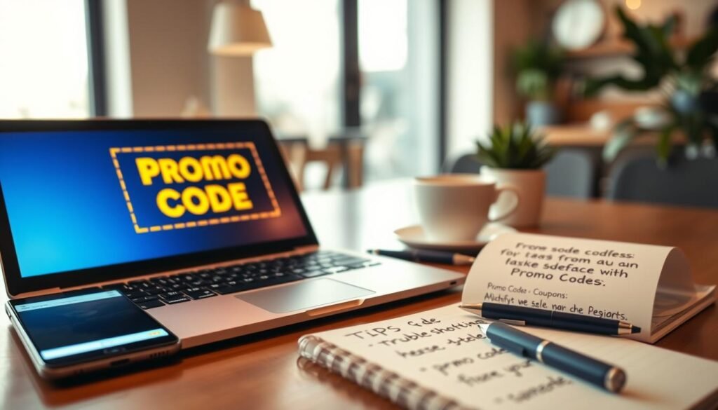 A visually appealing composition featuring a desk workspace dedicated to promo codes and coupons. In the foreground, a laptop with a glowing screen displaying a vibrant digital coupon marked "Promo Code" in bold, eye-catching colors. Nearby, a smartphone shows a notification of a successful coupon application, while a notepad with handwritten tips for troubleshooting promo codes rests next to a stylish pen. The middle ground includes a coffee cup and a small plant, adding warmth and liveliness to the scene. The background is softly blurred, hinting at a cozy home office or cafe environment with soft, natural lighting filtering through a window, creating an inviting atmosphere. The overall mood is focused and productive, encouraging an engaging exploration of promotional offers.