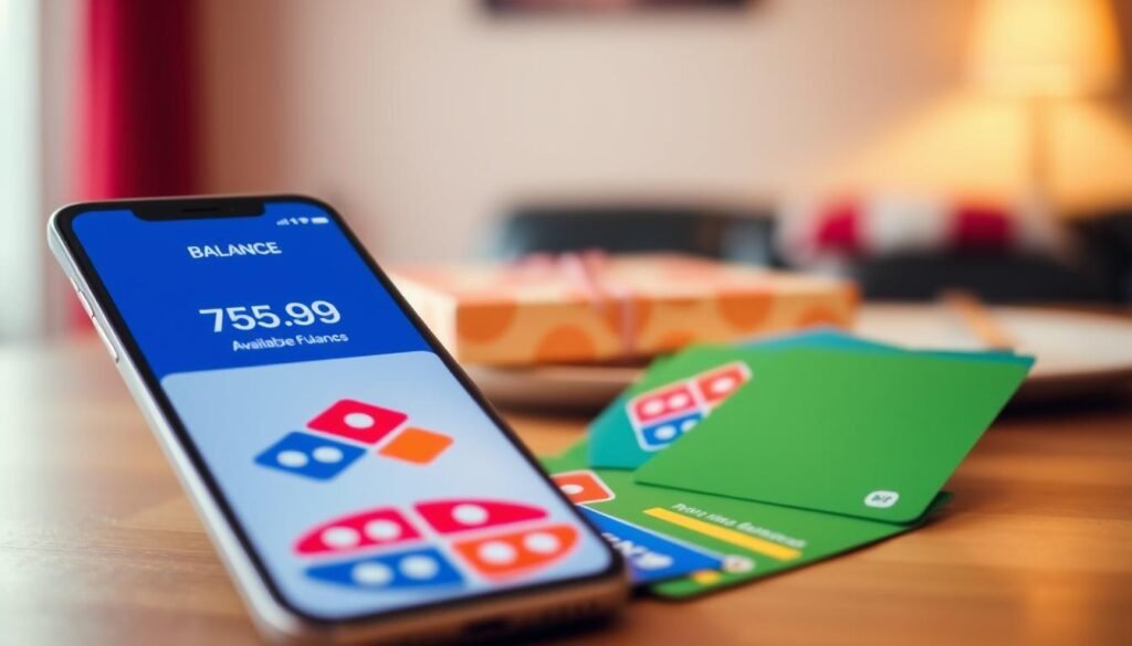 A visually appealing representation of a Domino's gift card balance, featuring a close-up of a digital balance display on a sleek smartphone screen, prominently showing the available funds. The foreground includes the smartphone, displaying an animated interface indicating the balance, with a few colorful Domino's gift cards fanned out beside it, showcasing their vibrant designs. In the middle ground, a neatly arranged table with a subtle pizza box in the corner sets the context, hinting at the use of the gift card. The background includes soft-focus warm lighting that creates a cozy and inviting atmosphere, suggesting a practical yet enjoyable engagement with managing available funds. Capture this scene from a slightly elevated angle to emphasize the smartphone and cards, enhancing the overall warmth and clarity of the image.