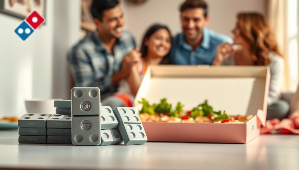A visually engaging representation of "Domino Rewards," featuring a bright and inviting layout. In the foreground, a stack of colorful domino-shaped tokens is meticulously arranged, each displaying intricate designs symbolizing various rewards, like discounts and free items. The middle area showcases a well-lit, stylish Domino's pizza box partially opened, revealing delicious pizza slices alongside a fresh salad. In the background, a warm, cozy setting with a family enjoying pizza together adds a vibrant atmosphere. Soft, natural light streams through a nearby window, creating an inviting glow. The overall mood should evoke a sense of community and celebration, highlighting the value of rewards while emphasizing satisfaction and joy. Use a slight overhead angle for a dynamic view, ensuring a professional and appealing composition.