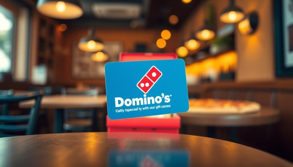 A visually striking gift card designed specifically for Domino's, prominently displayed in the foreground. The card should showcase a vibrant blue and red color scheme, featuring the iconic Domino's logo in detail. In the middle ground, include a faint image of a pizza box partially open, hinting at delicious pizzas and emphasizing the card's purpose. The background should be a softly blurred cafe setting, with warm lighting to create a cozy atmosphere. Use a high-angle shot to emphasize the card, capturing a slight depth of field. The overall mood should convey a sense of excitement and possibility, perfect for someone considering their next pizza order. Ensure no text, logos, or watermarks are visible on the card or in the image.